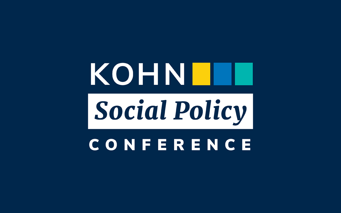 Logo for the Kohn Social Policy Conference, featuring the text with three colored squares in yellow, blue, and teal on a dark blue background.