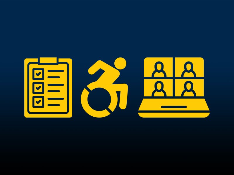 a clipboard with a checklist, a wheelchair icon, and a laptop screen