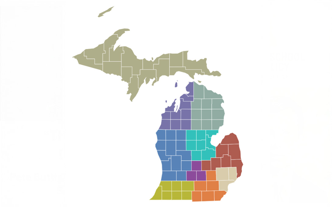 map of Michigan with colored county lines