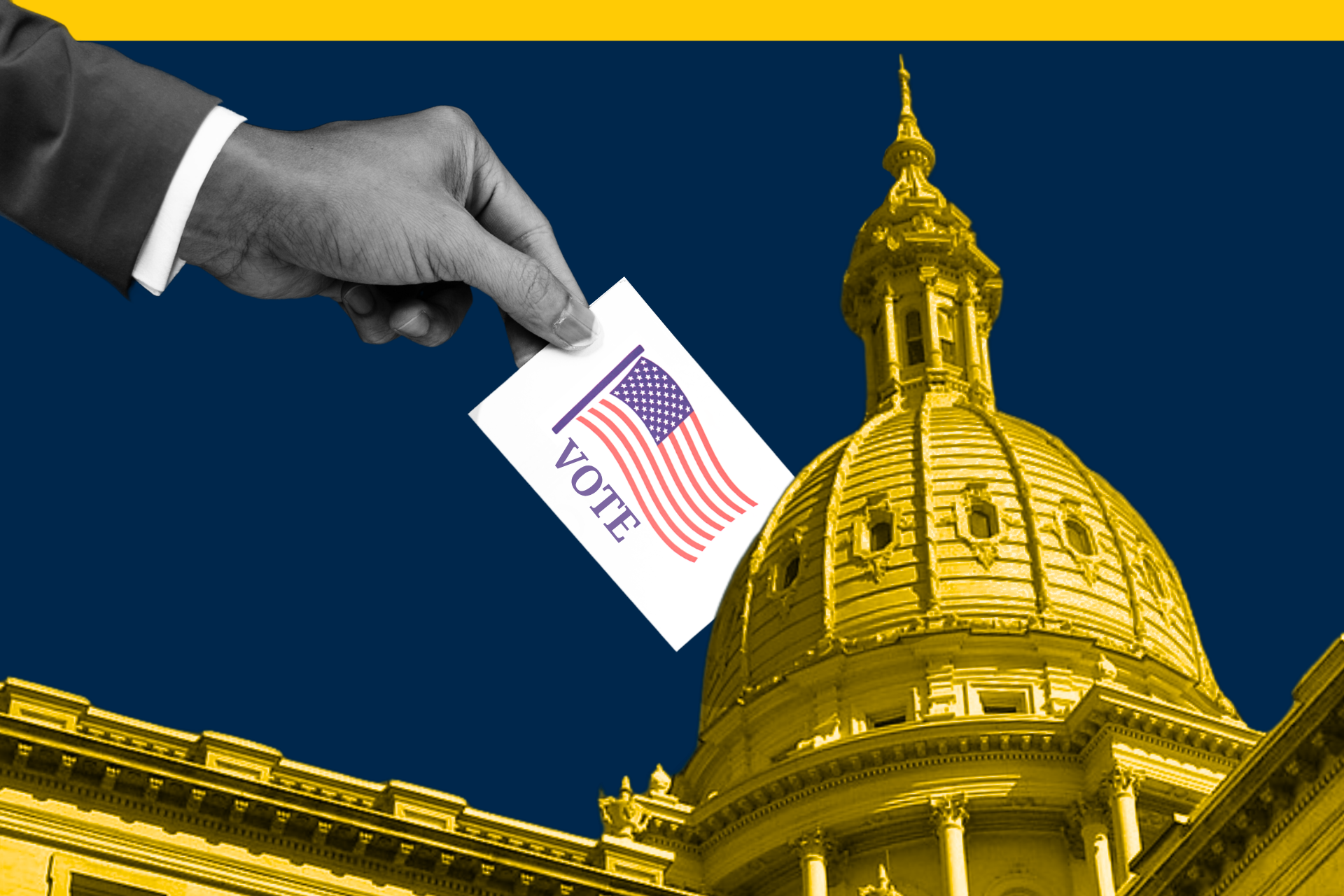 graphic of hand putting viting sticking into the Michigan capitol building