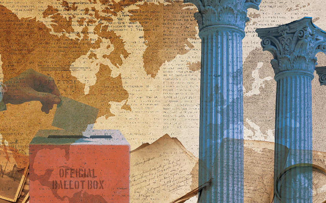 Collage featuring a hand placing a ballot into an orange “Official Ballot Box,” overlaid with historical documents, a world map, and blue classical columns.