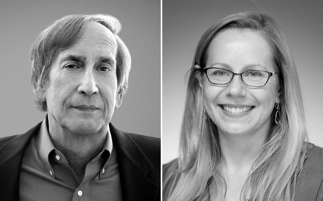 Side-by-side black-and-white headshots: one person with short hair and a neutral expression, and another with long hair, glasses, and a broad smile.