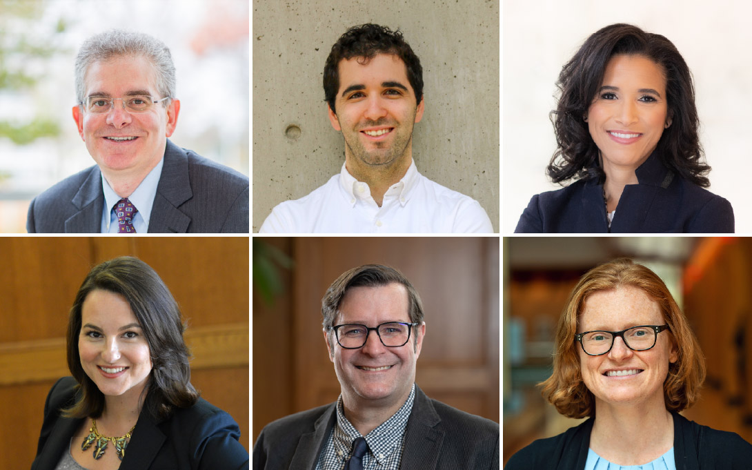 Collage of six smiling professionals in individual headshots, arranged in two rows of three against indoor and outdoor backgrounds. Several wear glasses and business attire.