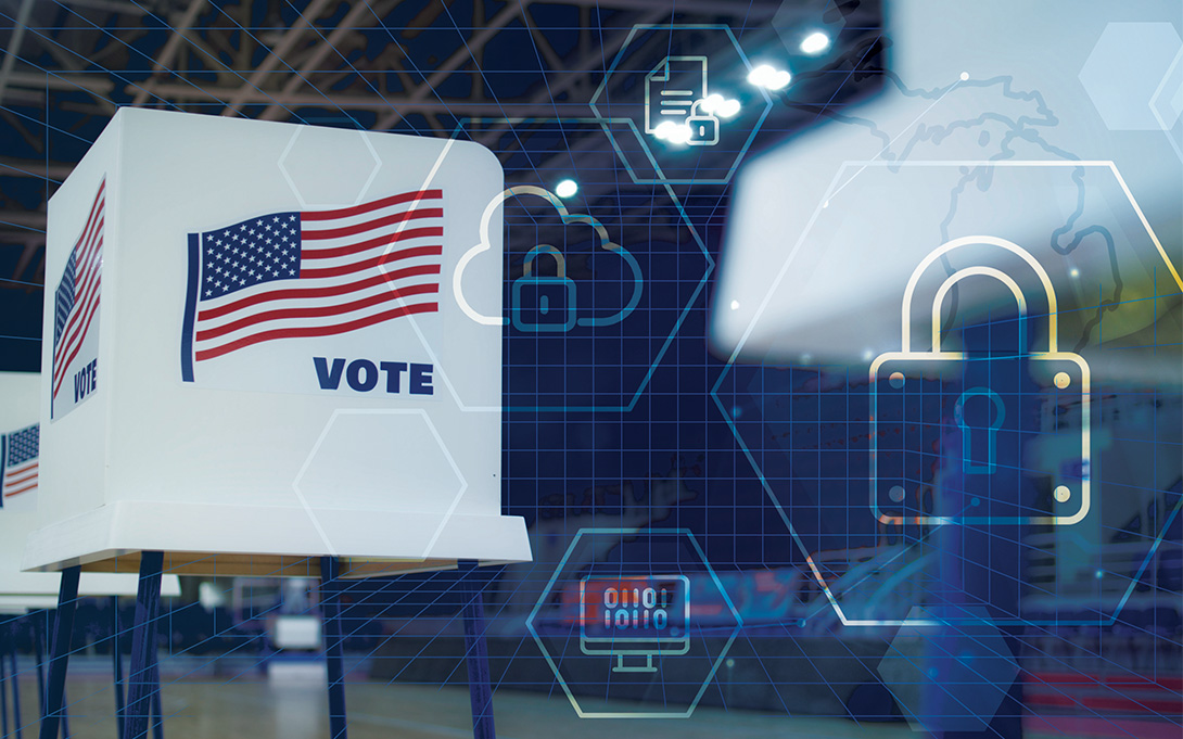 Voting booths displaying American flags and the word “Vote,” overlaid with digital grids, padlocks, and computer icons symbolizing election cybersecurity.