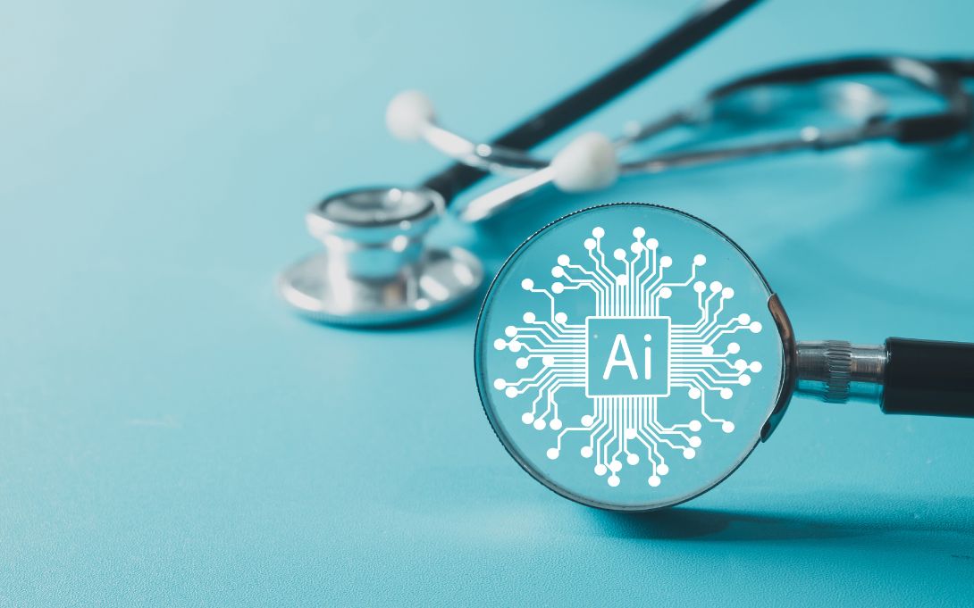 Magnifying glass highlighting an AI microchip symbol, with a stethoscope in the background, representing artificial intelligence in healthcare.