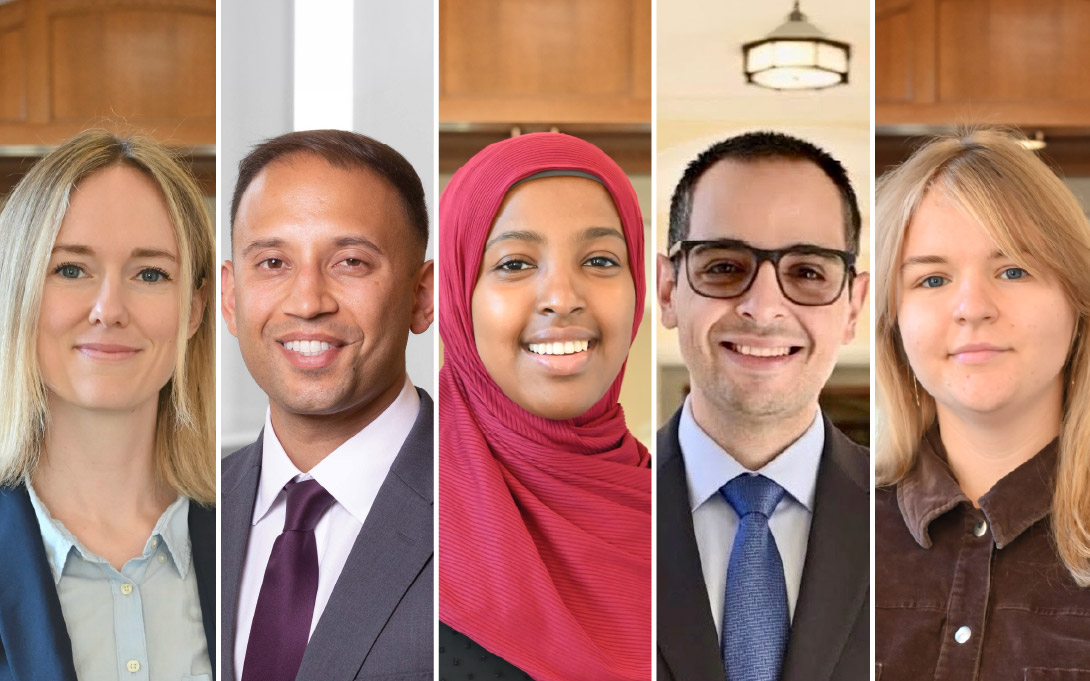 Five smiling people shown in individual side-by-side headshots; three wear professional suits, one wears a red hijab, and one wears a brown jacket.