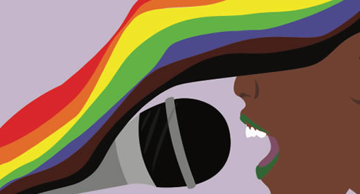 Illustration of a human face with brown skin and rainbow hair speaking into a microphone