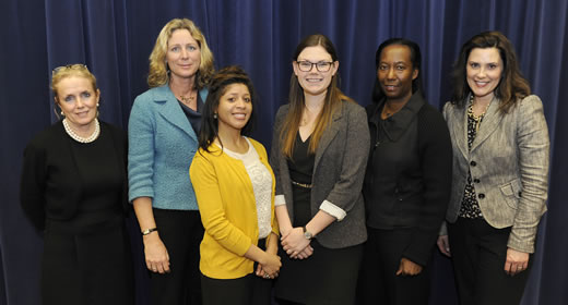 Pictured (L-R): U.S. Representative Debbie Dingell (MI-12), former Michigan Senate Minority Leader Gretchen Whitmer (D-East Lansing), Chairwoman of the U-M Board of Regents Kathy White (D-Ann Arbor); State Representative Gretchen Driskell (D-Saline), and State Representative Stephanie Chang (D-Detroit)