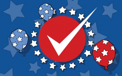 Red, white, and blue balloons and stars with a large white checkmark