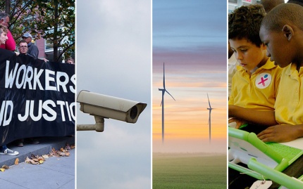 Collage of photos featuring tech workers protesting, CCTV camera, wind turbins, and kids using tablets