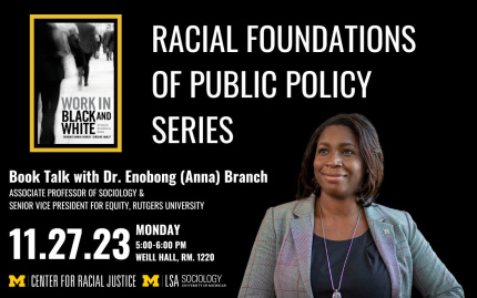 image of dr. anna branch smiling. text: racial foundations of public policy series, book talk with dr. enobong (anna) branch