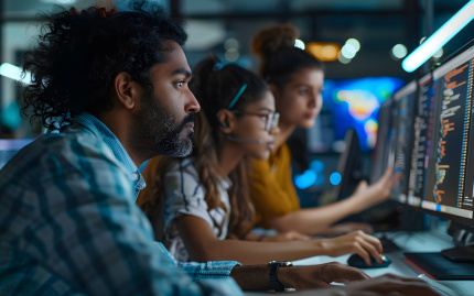 Young Team of South Asian Specialists Working on Desktop Computers at a Modern Workplace. Indian Software Developer Discussing a Financial Software Project with a Female Team Lead