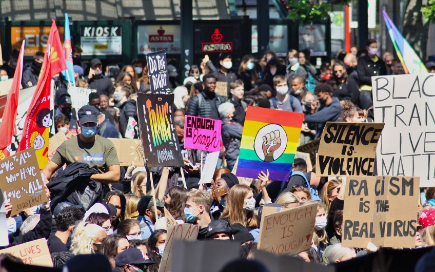 Crowd of protestors with signs