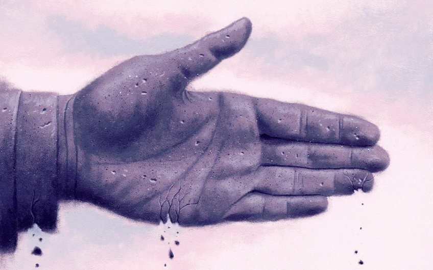 Illustration of a hand, extended for a handshake, crumbling.