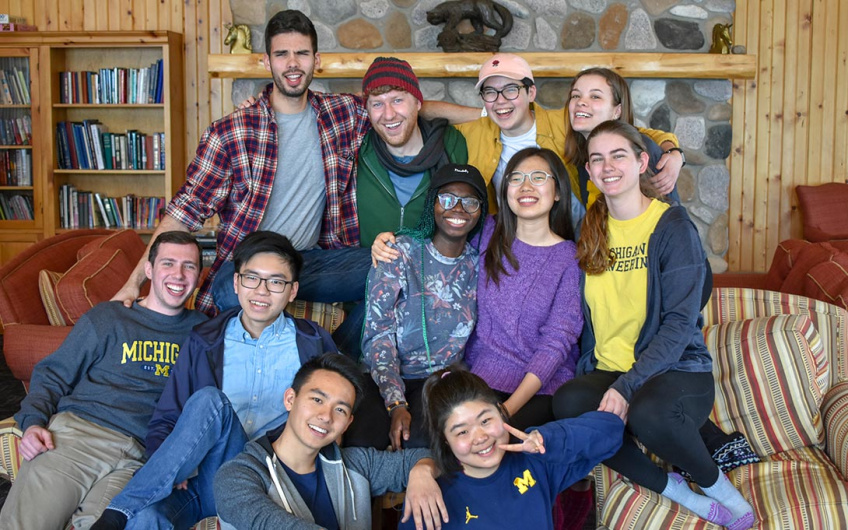 Group photo of students at Camp Michigania for the LeaderShape Institute