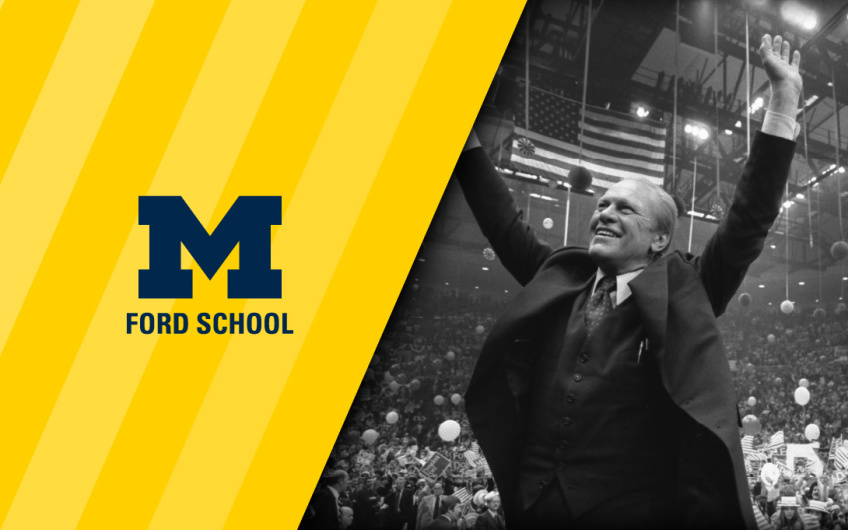President Ford raising his hands in celebration with a maize and blue Ford School logo design