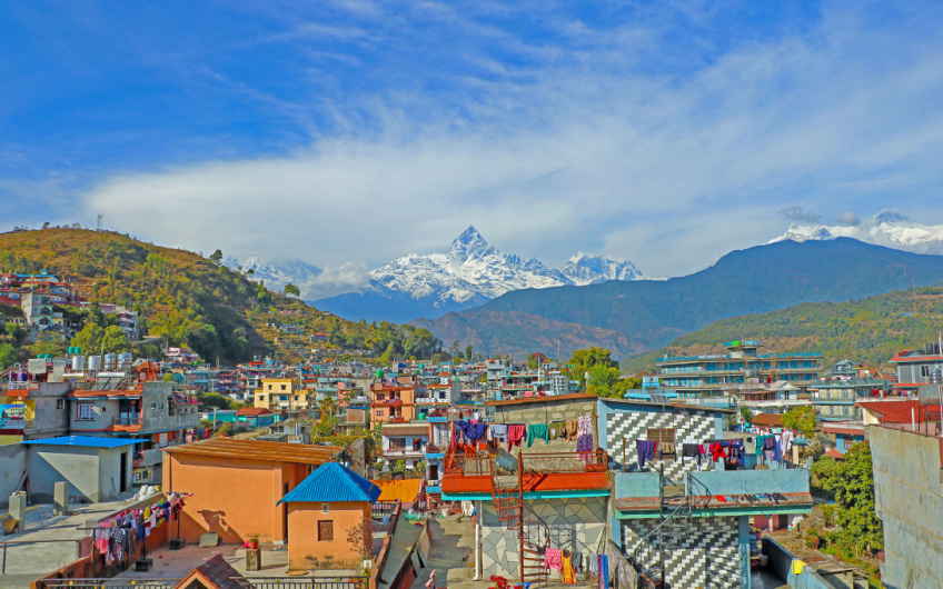 Panoramic view of Pokhara, with Mt Fishtail / Machapuchare (Himalayan range)