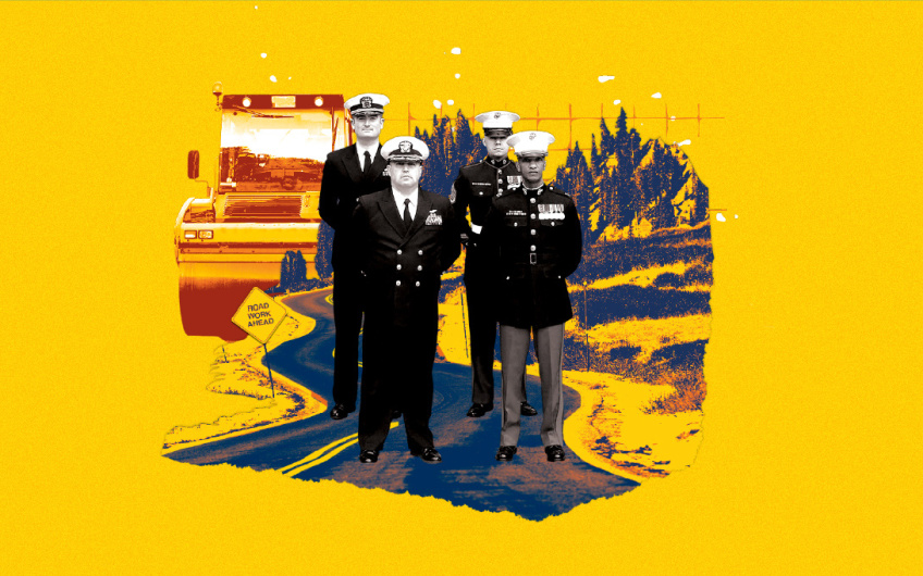 Photo collage of Rick Scott and members of the Michigan NROTC unit with a road, landscape, and steamroller