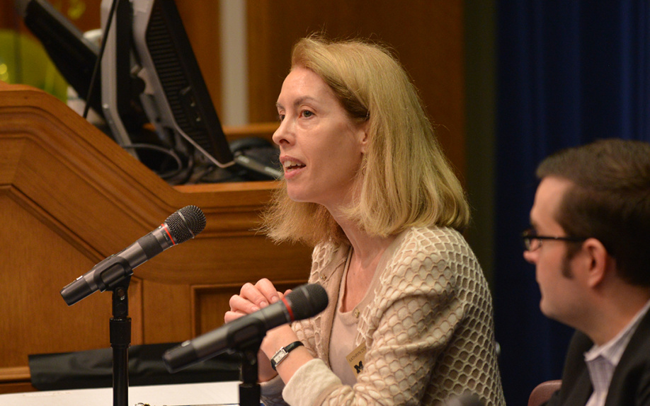 Kathryn Dominguez speaks to prospective students at the Ford School's Spring Preview