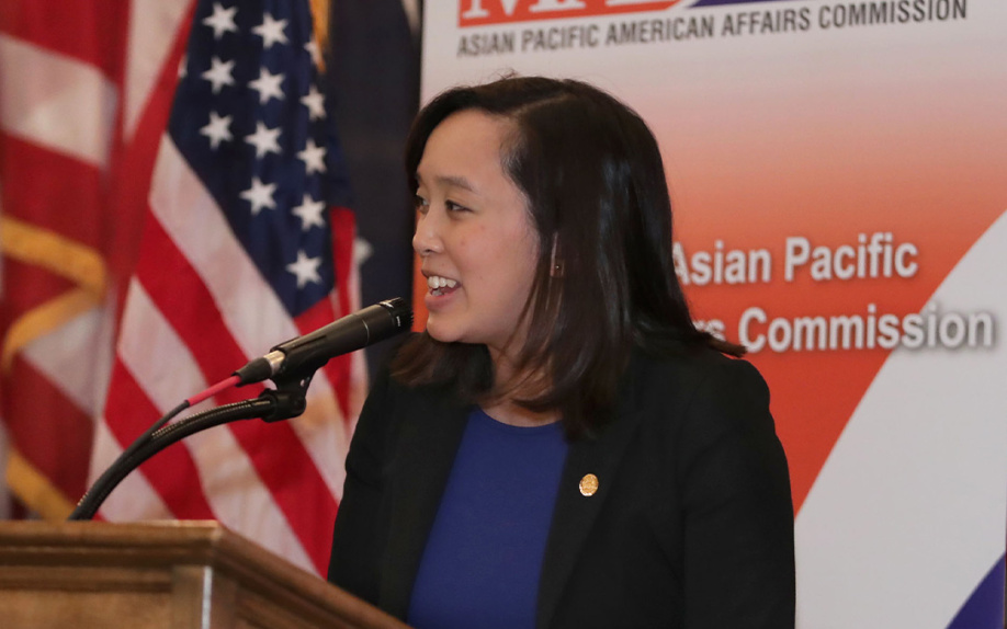Photo of Stephanie Chang speaking at a gathering of the Michigan Asian Pacific American Affairs Commission 