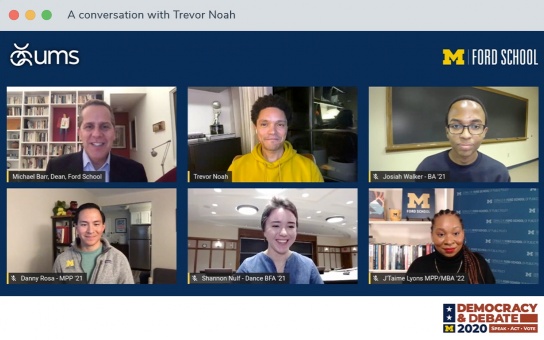 Trevor Noah speaks with Dean Barr and four U-M students in a virtual conversation