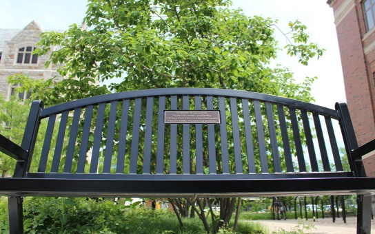 Photos of a memorial bench in honor of Joan Levitsky