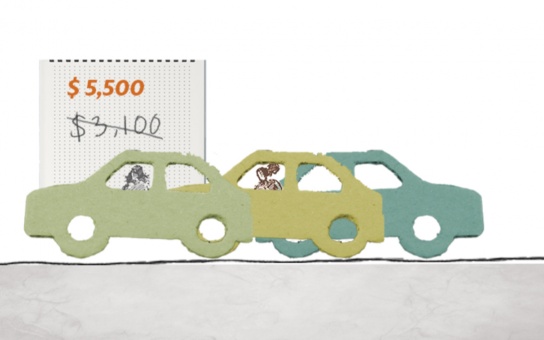 Illustration of cars on a road with a balance sheet in the background displaying "$5,500"