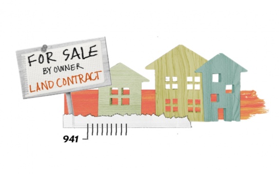 Illustration of houses with a sign that says "For sale by owner - Land contract"