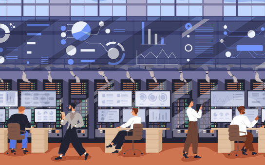 Illustration of workers in a data center