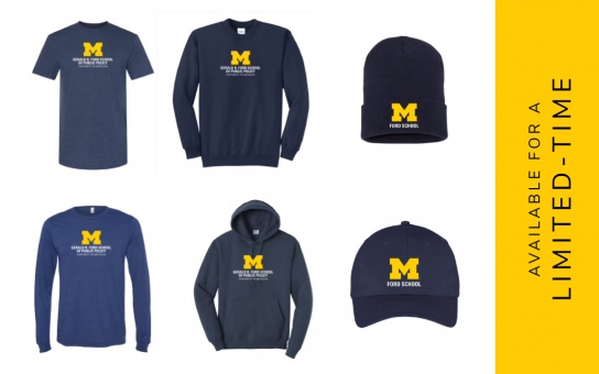 Thumbnail images of 6 Ford School branded apparel items, including short- and long-sleeve t-shirts, crewneck and hooded sweatshirts, a knit cap, and a baseball cap