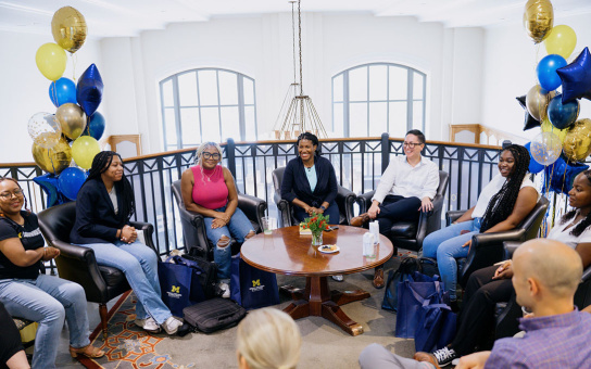 Students from the ASPIRE summer 2023 cohort are welcomed by Dean Celeste Watkins-Hayes and others in Weill Hall