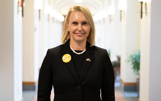 Bridget Brink, U.S. Ambassador to Ukraine, wearing a Ford50 button in Weill Hall