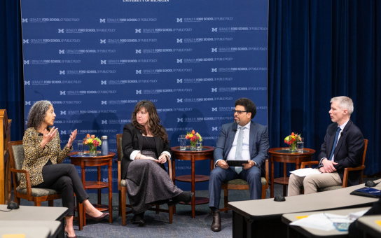 Photo of Derrick Hamilton, Mary Pattilo, Natasha Pilkauskas, and Luke Shafer have a panel discussion 