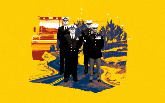 Photo collage of Rick Scott and members of the Michigan NROTC unit with a road, landscape, and steamroller