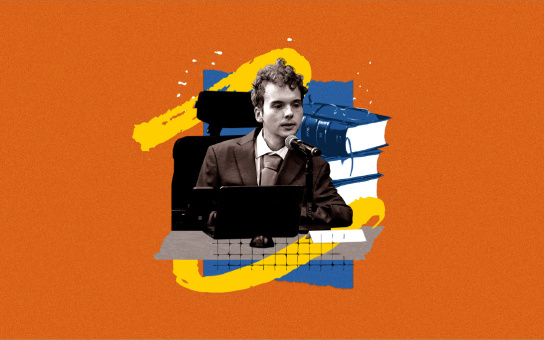 Collage of Vincent Pinti, seated in his wheelchair speaking into a microphone with a stack of books and reading glasses