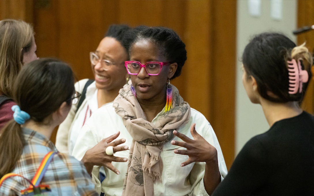 Holly Bass speaking to students after the Masterclass in Activism event (Fall 2022).