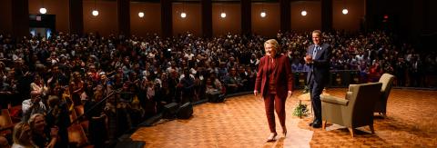 Former Secretary of State Hillary Clinton on stage at Rackham Auditorium with Dean Michael Barr and Weiser Diplomacy Center director John Ciorciari