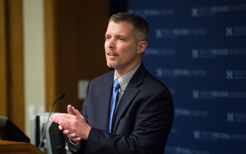 Luke Shaefer delivers a talk at the Ford School