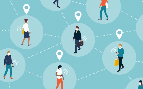 Illustration of people with location icons above them, circles around them, and lines connecting them to each other in a web. Many of them are holding or looking at their smartphones.