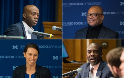 A 4up grid of photos of Dudley Benoit, Broderick Johnson, Annie Maxwell, and Hardy Vieux at Ford School events
