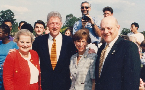 Photo of Secretary of State Madeleine Albright, President Bill Clinton, and Joan and Ambassador Mel Levitsky