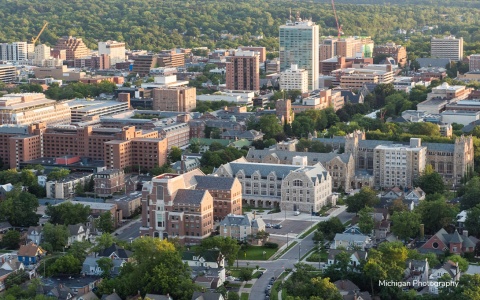 Aerial of U-M central campus including Weill Hall