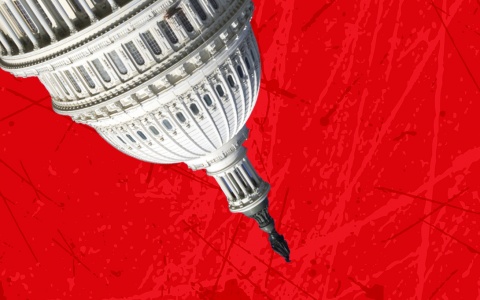 A composite image, comprising a photo of the US capitol dome, upside down at an angle, in front of a red textured background