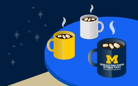 Illustration of a coffee table vignette with U-M colored mugs