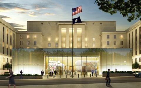 Rendering of the exterior of the National Museum of American Diplomacy with U.S. State Department behind