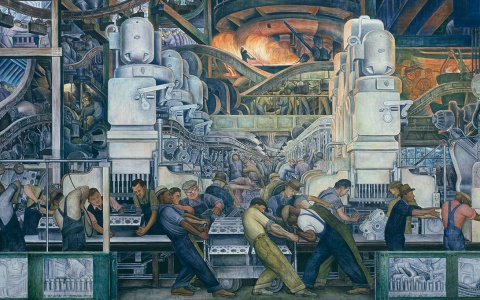 Photo of the north wall of Diego Rivera's Detroit Industry Murals at the Detroit Institute of Arts