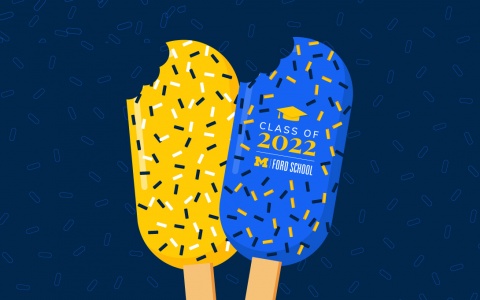 Illustration of two blue and maize colored ice cream treats in front of a blue background textured with muted outlines of sprinkles