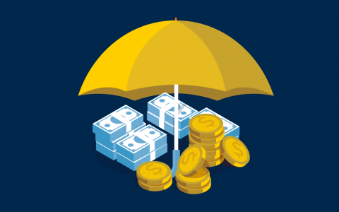 Maize and blue umbrella covering coins and dollars