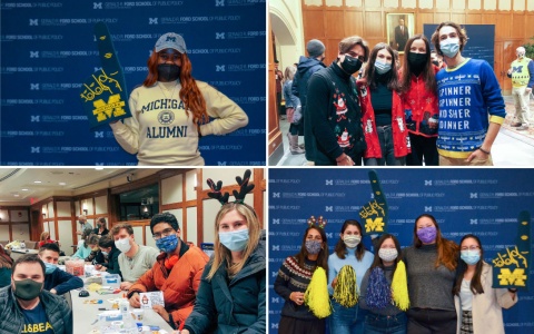 A grid of four group and individual photos from the Ford School holiday party