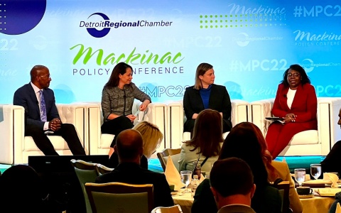Photo of Van Jones, Morela Hernandez, and Elissa Slotkin on stage at the 2022 Mackinac Policy Conference